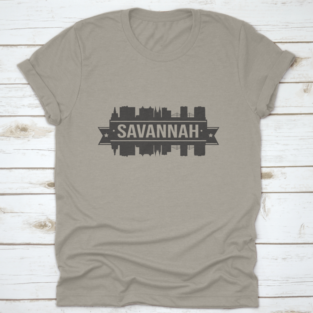 Silhouette illustration of Savannah City skyline featuring iconic monuments and buildings, showcasing the beauty of Georgia.