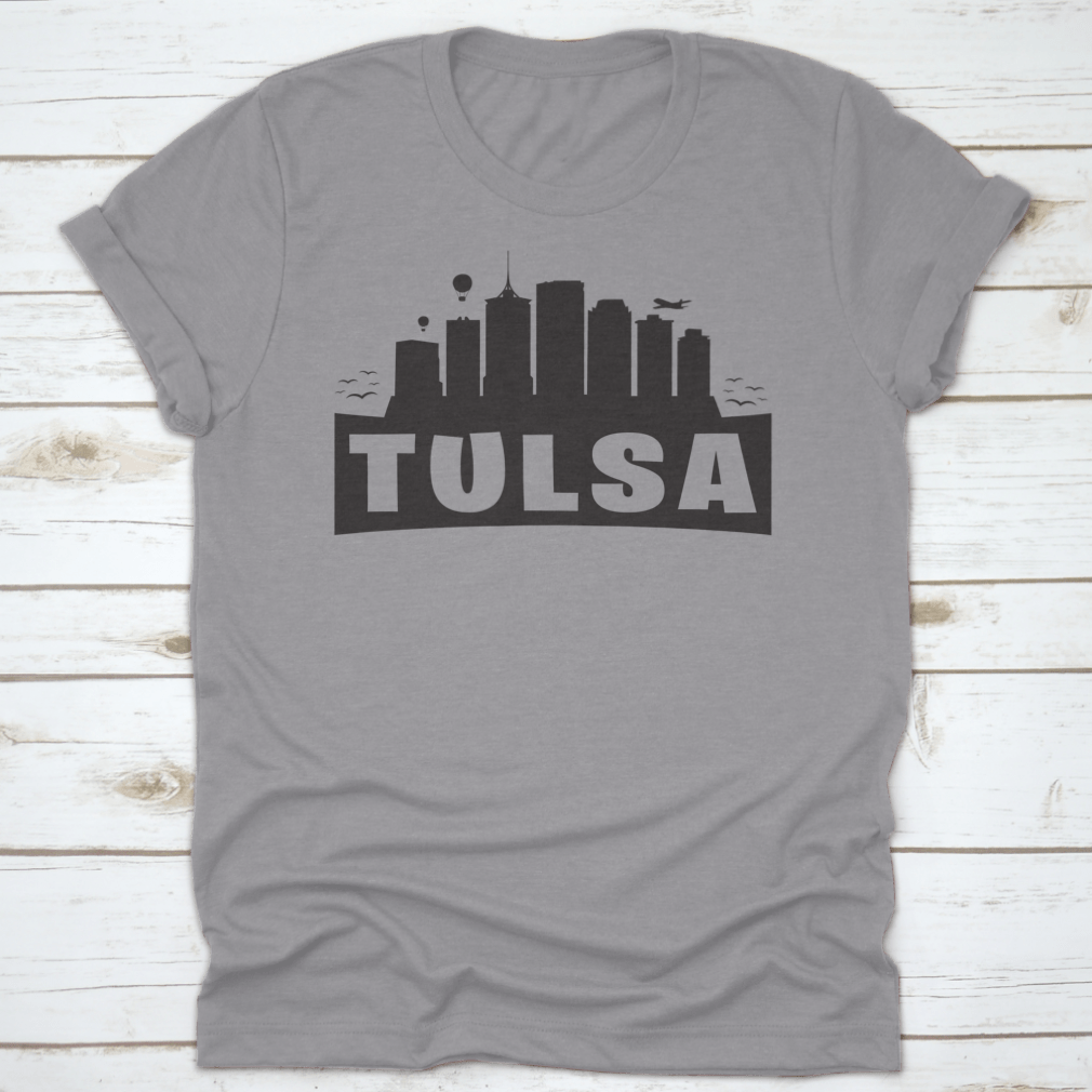 Silhouette illustration of Tulsa, Oklahoma City skyline featuring hot air balloons, showcasing urban beauty.