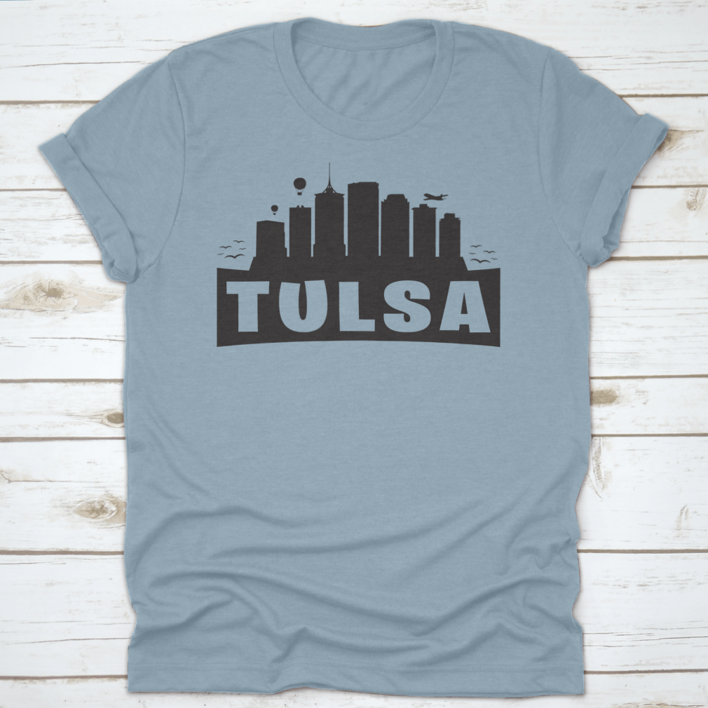Silhouette illustration of Tulsa, Oklahoma City skyline featuring hot air balloons, showcasing urban beauty.