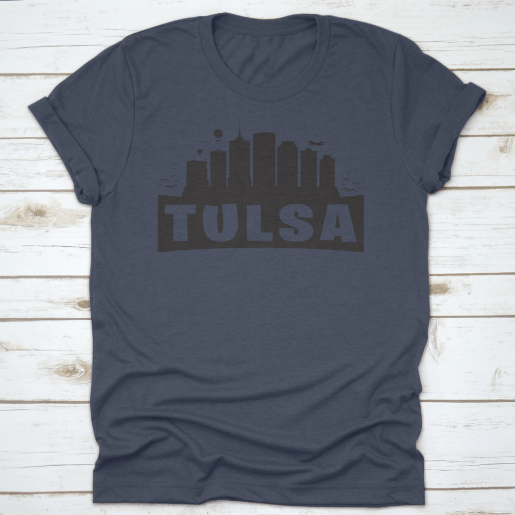 Silhouette illustration of Tulsa, Oklahoma City skyline featuring hot air balloons, showcasing urban beauty.