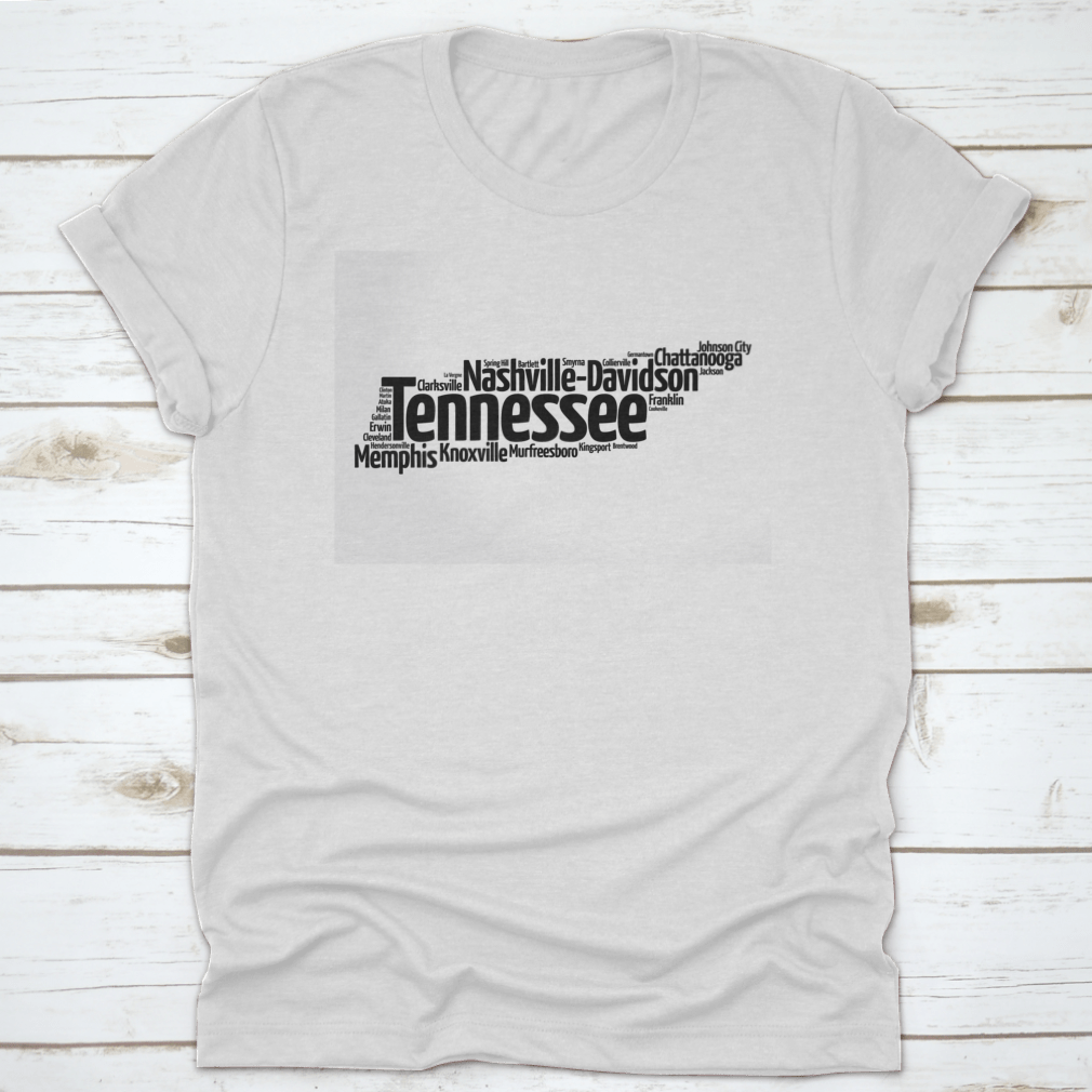Silhouette Word Cloud Map showcasing cities in Tennessee, featuring artistic design and geographical names.