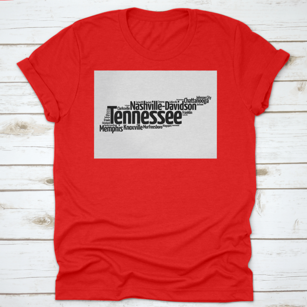 Silhouette Word Cloud Map showcasing cities in Tennessee, featuring artistic design and geographical names.