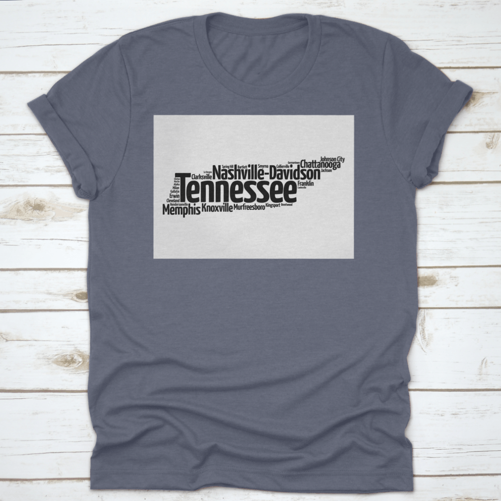 Silhouette Word Cloud Map showcasing cities in Tennessee, featuring artistic design and geographical names.