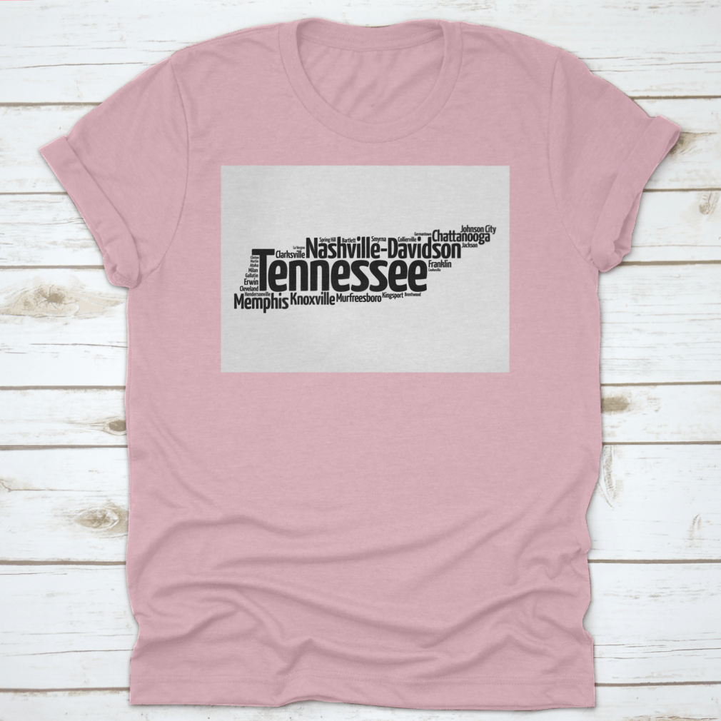 Silhouette Word Cloud Map showcasing cities in Tennessee, featuring artistic design and geographical names.