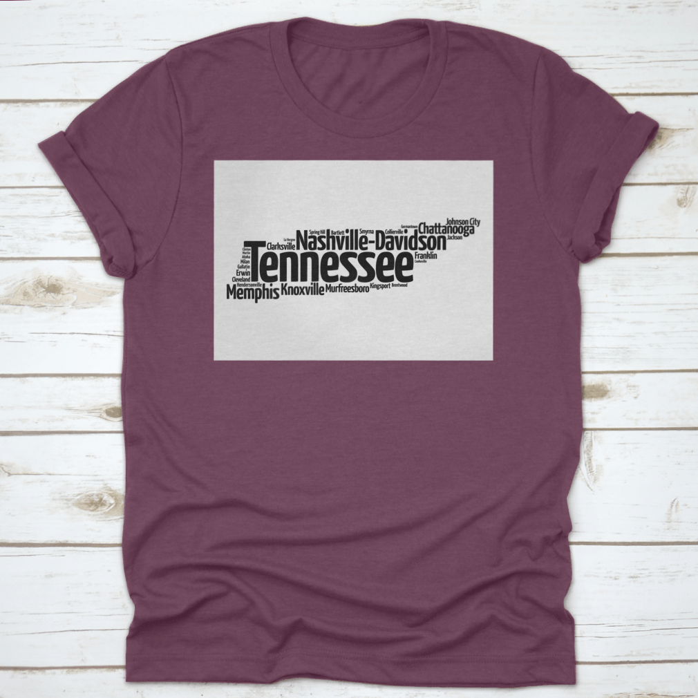 Silhouette Word Cloud Map showcasing cities in Tennessee, featuring artistic design and geographical names.