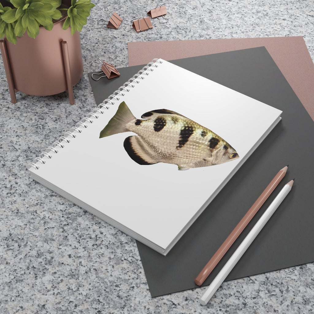 Silver and Black Fish Spiral Notebook with customizable covers and wide-ruled pages, perfect for journaling and note-taking.