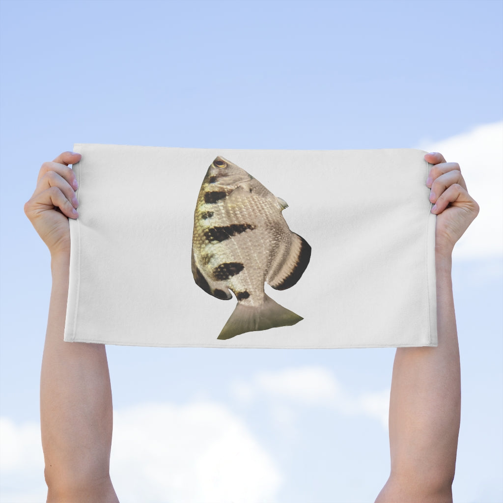 Silver and Black Fish Turtle Rally Towel, featuring a soft polyester front and absorbent cotton backing, measuring 11x18 inches.