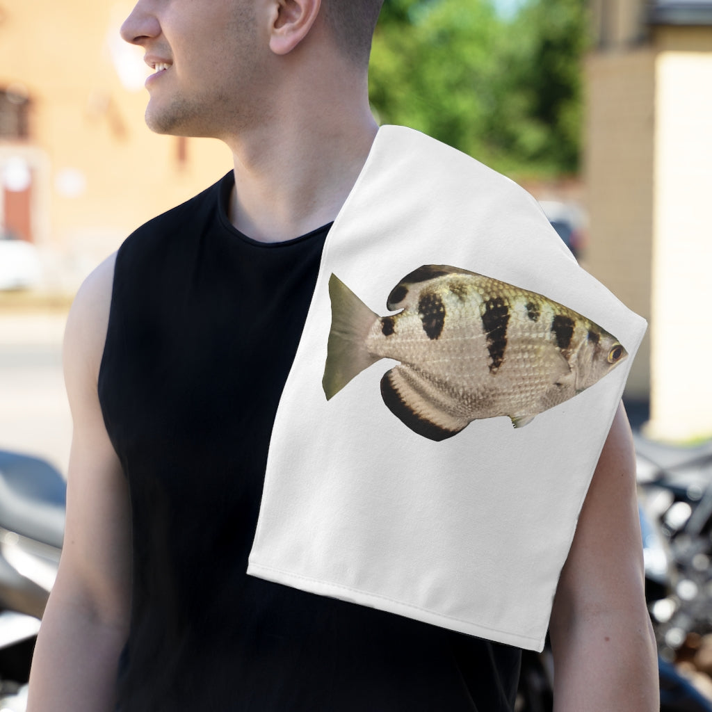 Silver and Black Fish Turtle Rally Towel, featuring a soft polyester front and absorbent cotton backing, measuring 11x18 inches.