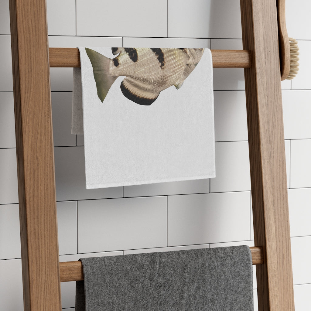 Silver and Black Fish Turtle Rally Towel, featuring a soft polyester front and absorbent cotton backing, measuring 11x18 inches.