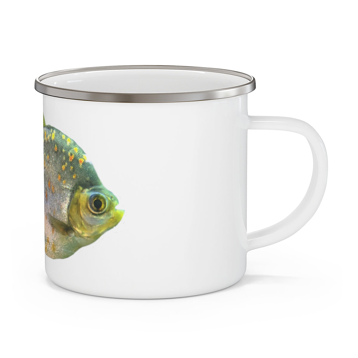 A stylish Silver and Spec Fish Enamel Camping Mug with a C-handle, showcasing a vibrant design, perfect for outdoor adventures.