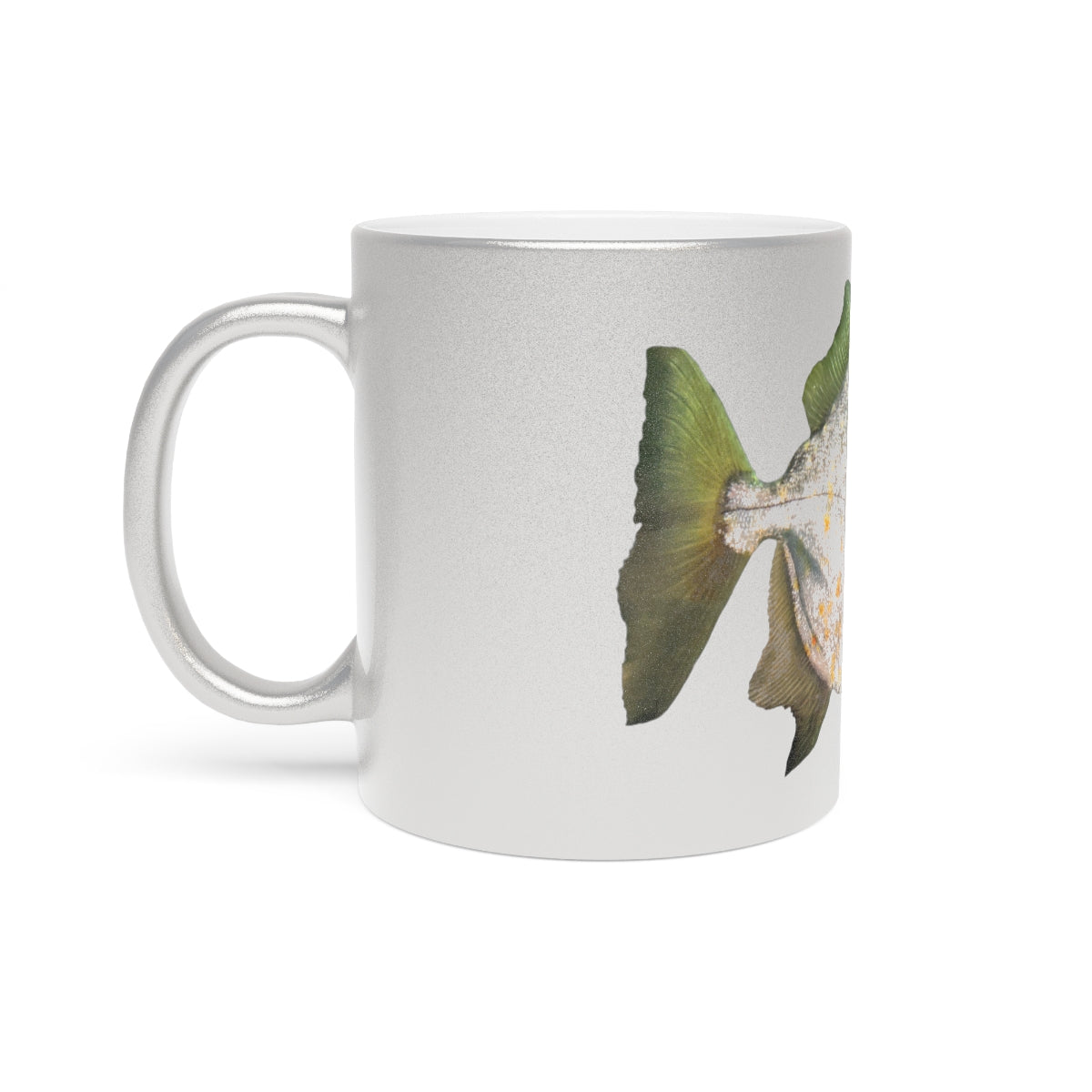 A stylish 11oz ceramic mug with a shiny metallic silver and gold coating, featuring a customizable design area on both sides.