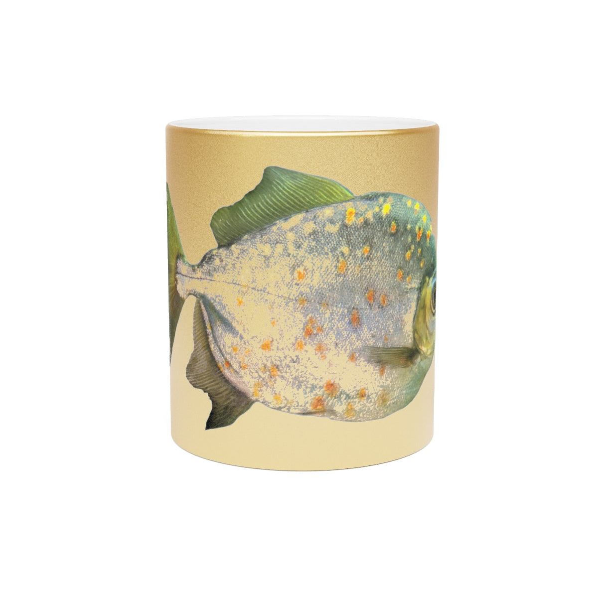 A stylish 11oz ceramic mug with a shiny metallic silver and gold coating, featuring a customizable design area on both sides.