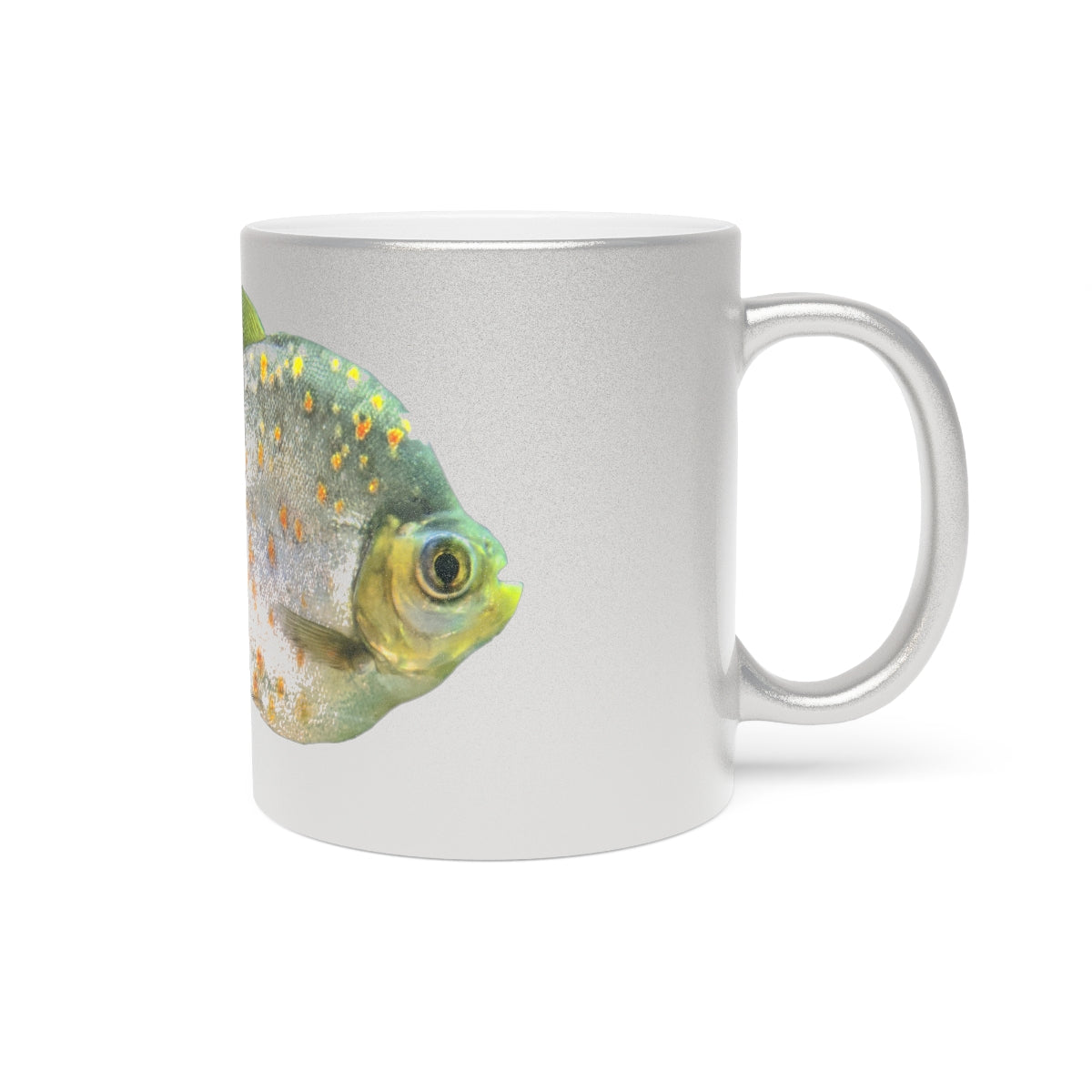 A stylish 11oz ceramic mug with a shiny metallic silver and gold coating, featuring a customizable design area on both sides.