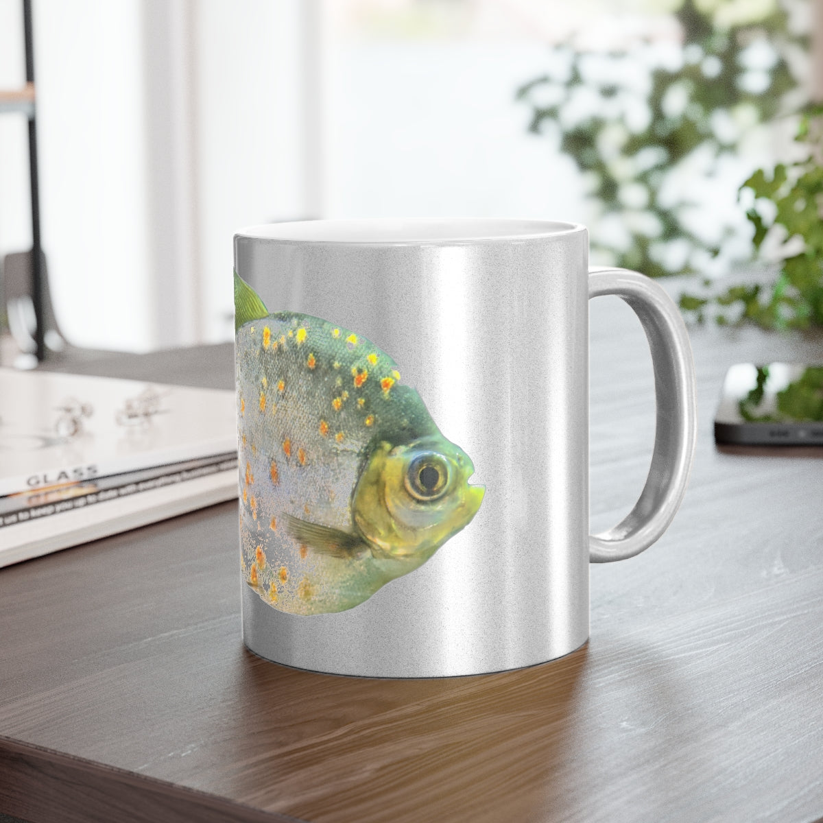 A stylish 11oz ceramic mug with a shiny metallic silver and gold coating, featuring a customizable design area on both sides.