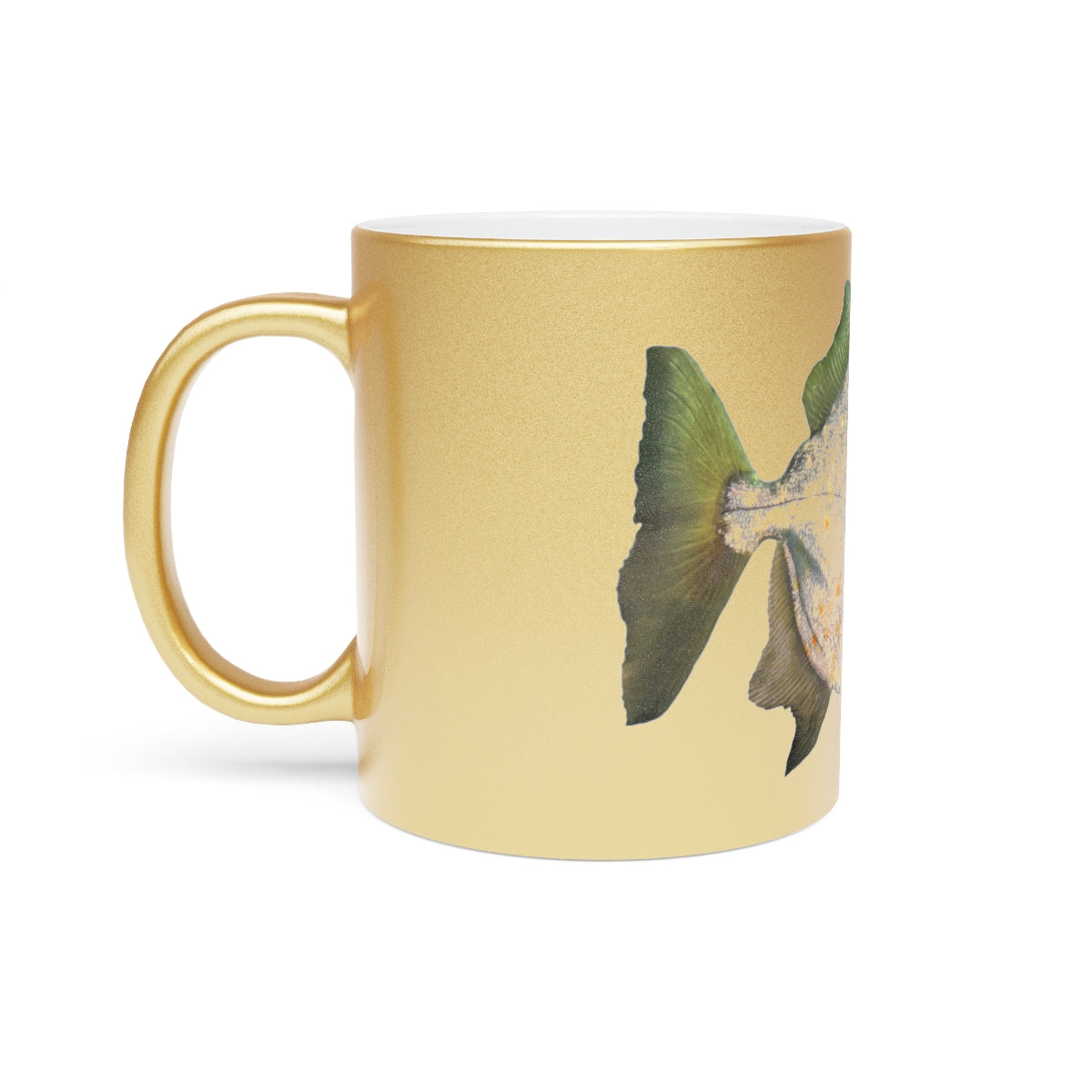 A stylish 11oz ceramic mug with a shiny metallic silver and gold coating, featuring a customizable design area on both sides.