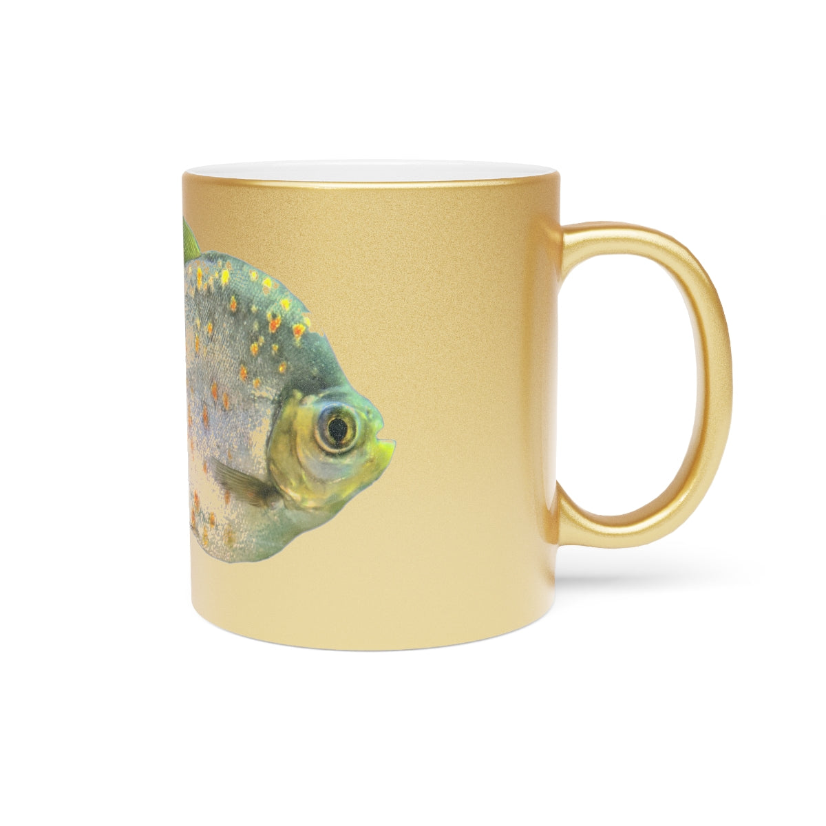 A stylish 11oz ceramic mug with a shiny metallic silver and gold coating, featuring a customizable design area on both sides.