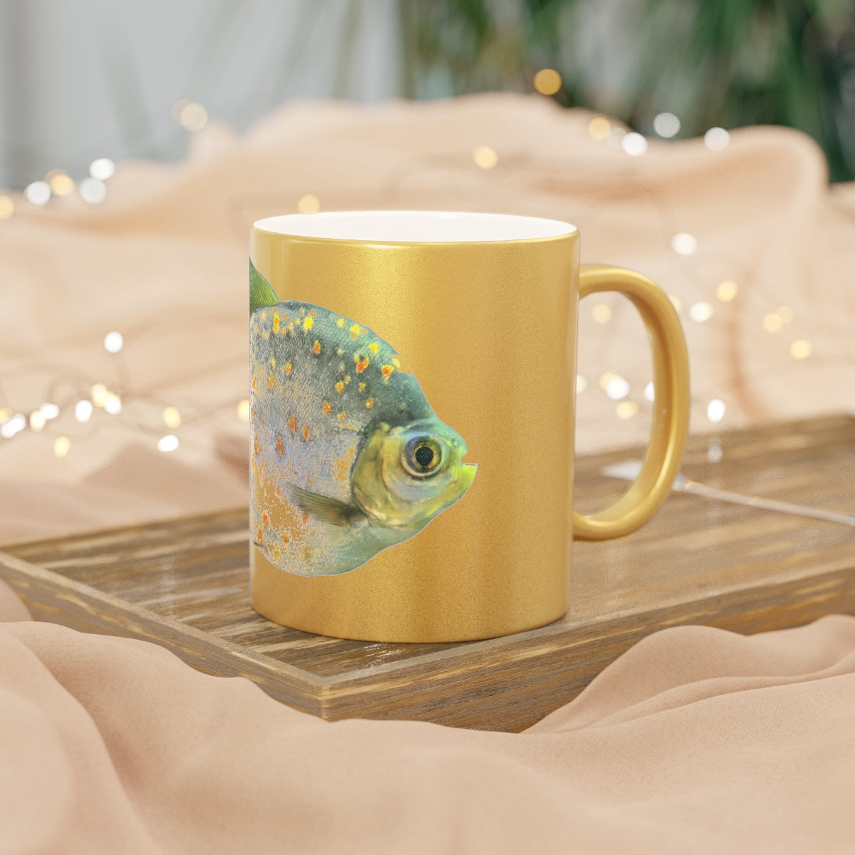 A stylish 11oz ceramic mug with a shiny metallic silver and gold coating, featuring a customizable design area on both sides.