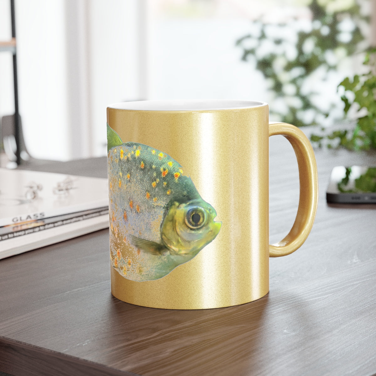 A stylish 11oz ceramic mug with a shiny metallic silver and gold coating, featuring a customizable design area on both sides.