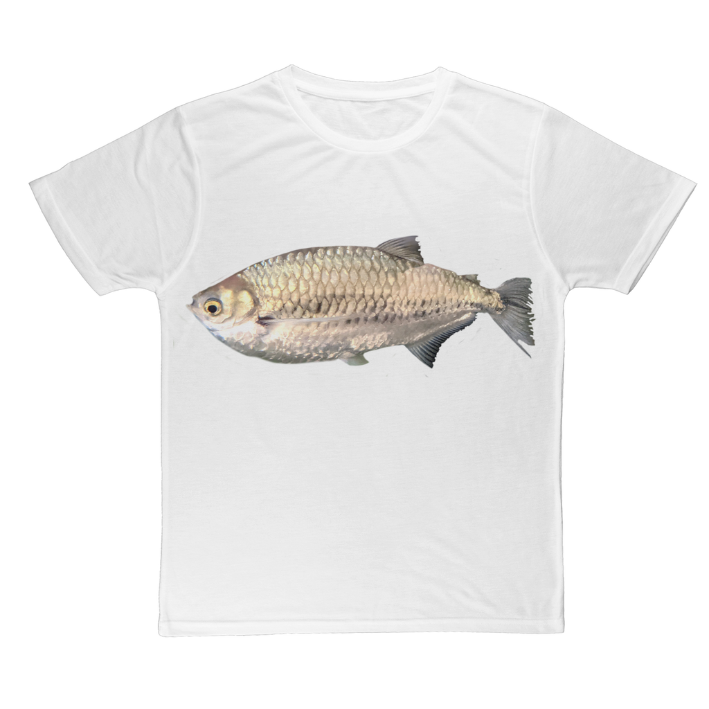 Silver Fish Classic Sublimation Adult T-Shirt in vibrant colors, showcasing its soft polyester fabric and ideal for custom printing.