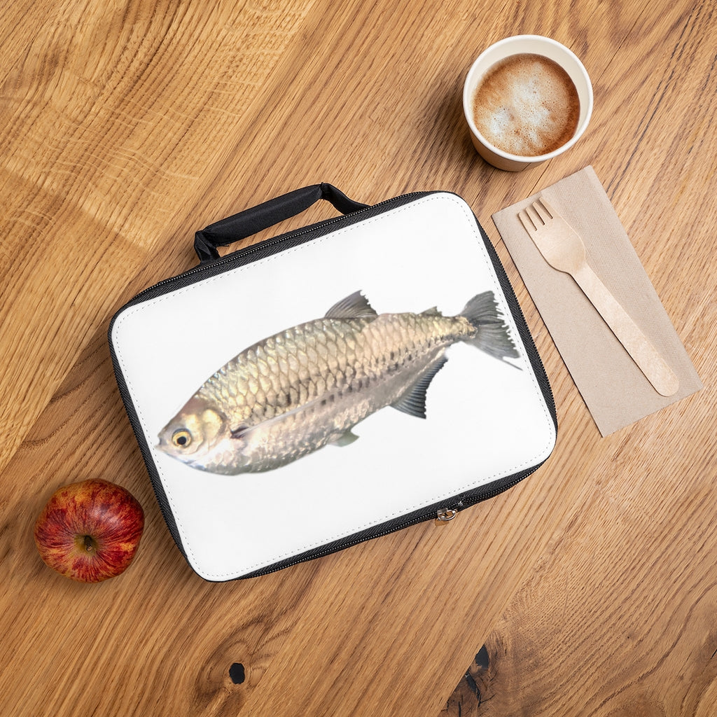 Stylish Silver Fish Lunch Bag with zippered closure and customizable area, perfect for adults and kids.