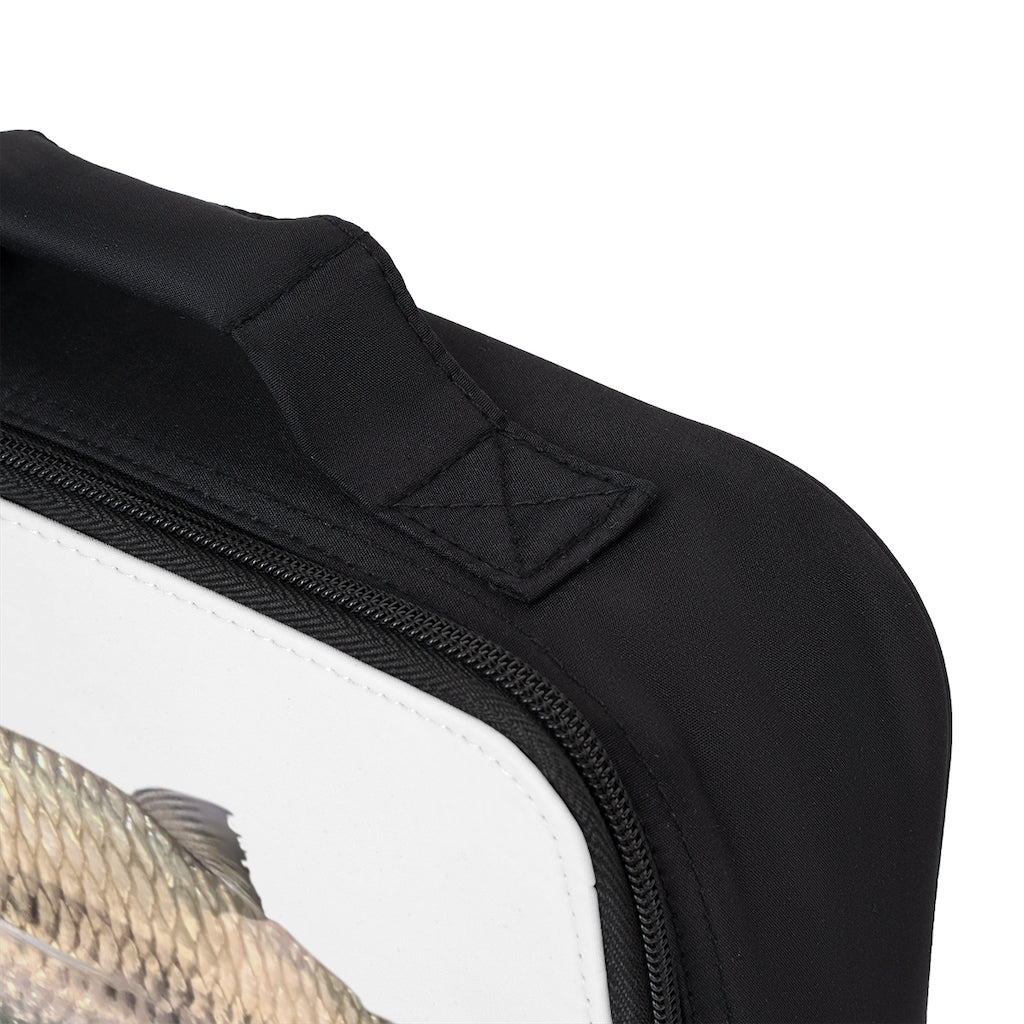 Stylish Silver Fish Lunch Bag with zippered closure and customizable area, perfect for adults and kids.