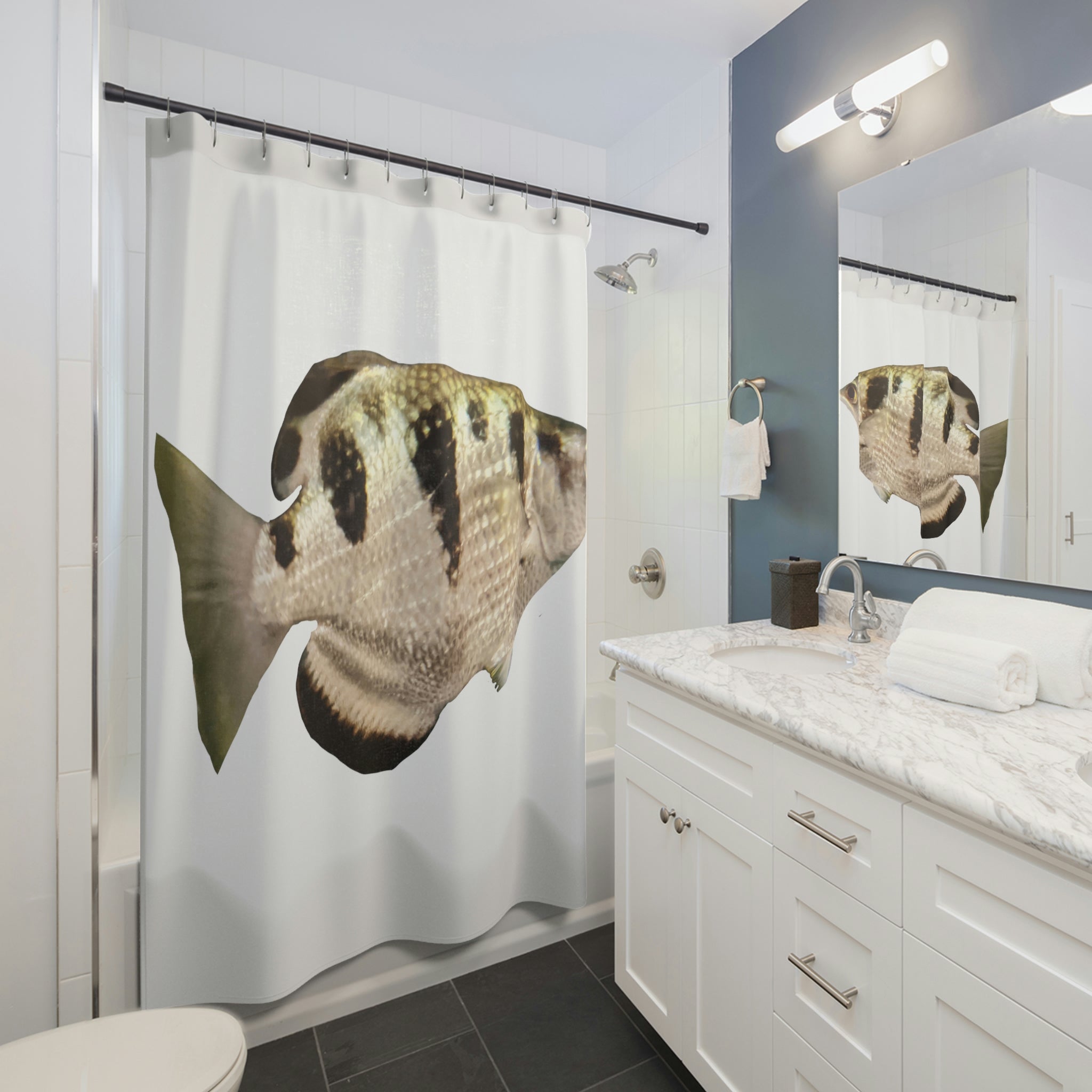 A stylish Silver Fish Shower Curtain made of durable polyester, featuring vibrant one-sided prints, perfect for adding a unique touch to any bathroom.