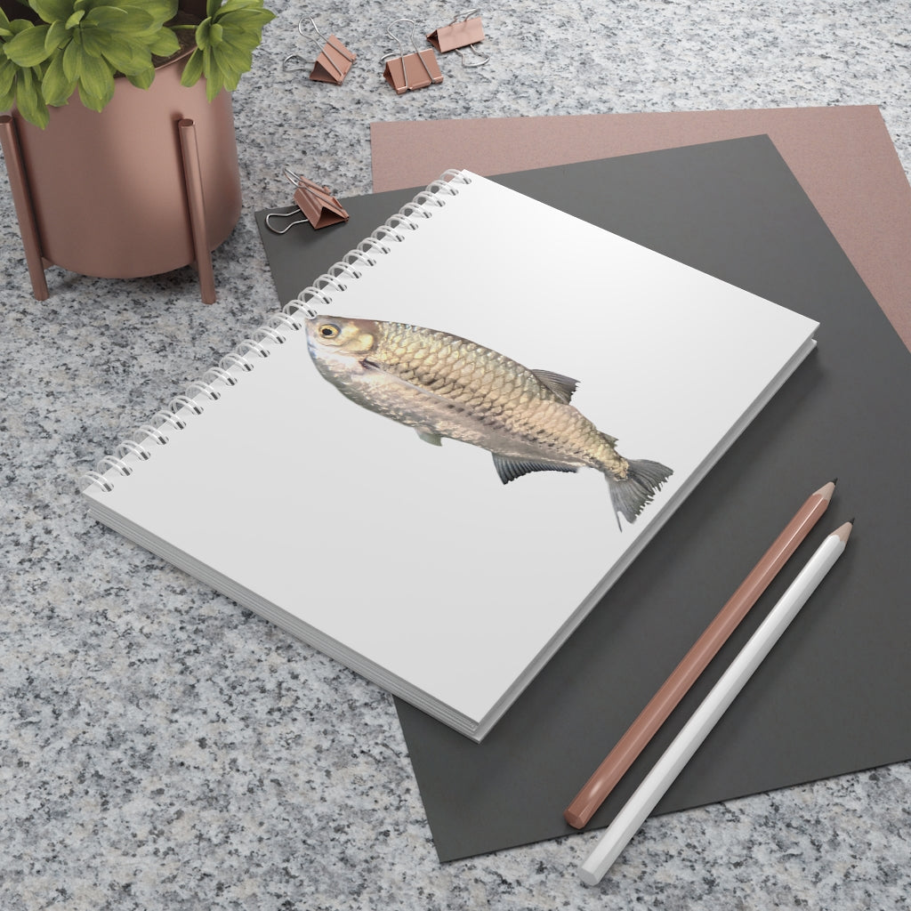 Silver Fish Spiral Notebook with customizable covers and wide-ruled pages, featuring a semi-gloss laminated finish.