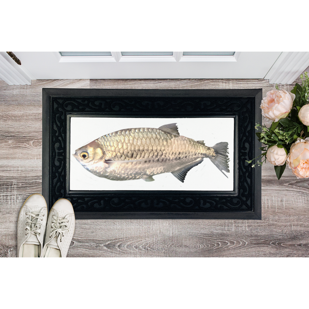 Silver Fish Sublimation Heavy Duty Door Mat with a removable fabric center and non-slip rubber base, featuring a classy brush border.