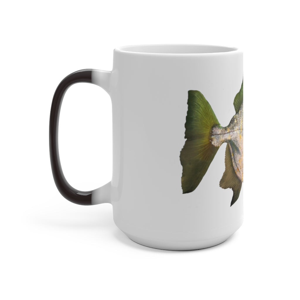 A stylish silver fish color changing mug showcasing its unique design and color transformation when filled with hot liquid.
