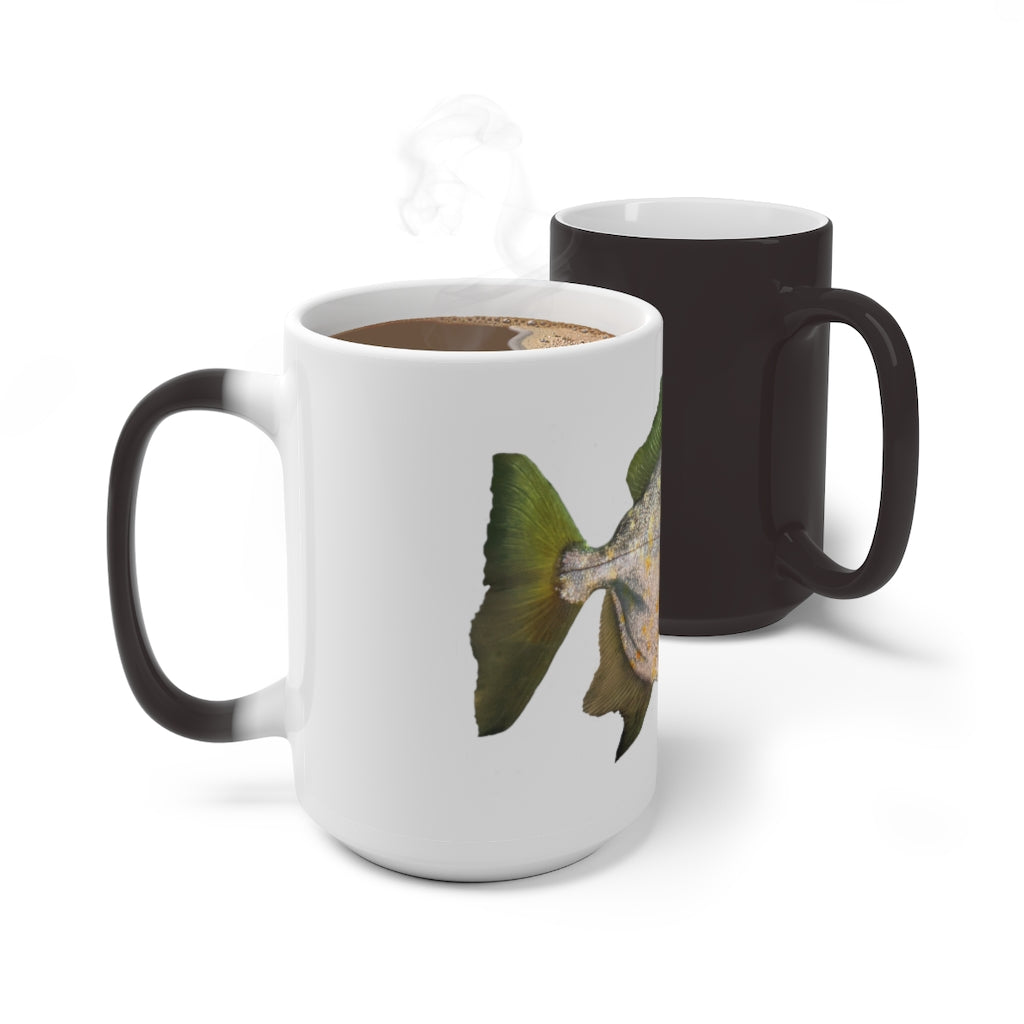 A stylish silver fish color changing mug showcasing its unique design and color transformation when filled with hot liquid.
