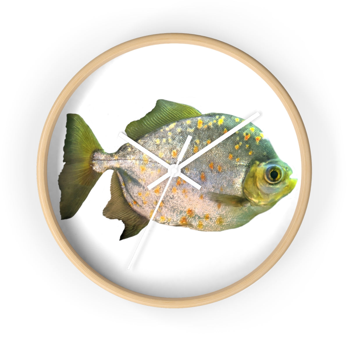 A stylish wall clock featuring a silver fish design with glasses, set in a wooden frame with a clear plexiglass face.
