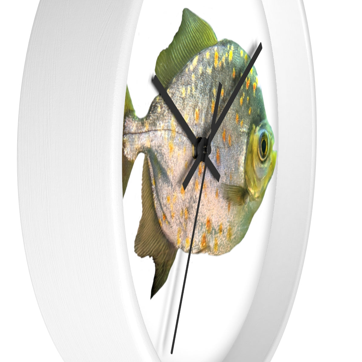 A stylish wall clock featuring a silver fish design with glasses, set in a wooden frame with a clear plexiglass face.