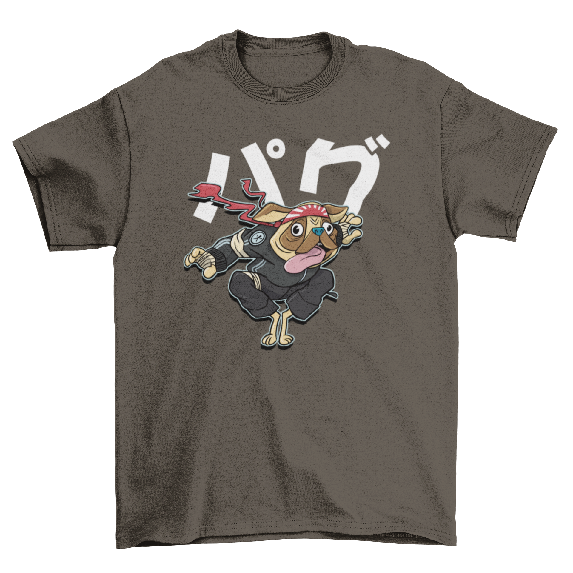 A playful pug dog wearing samurai clothing with a silly expression on its face, featured on a stylish t-shirt.
