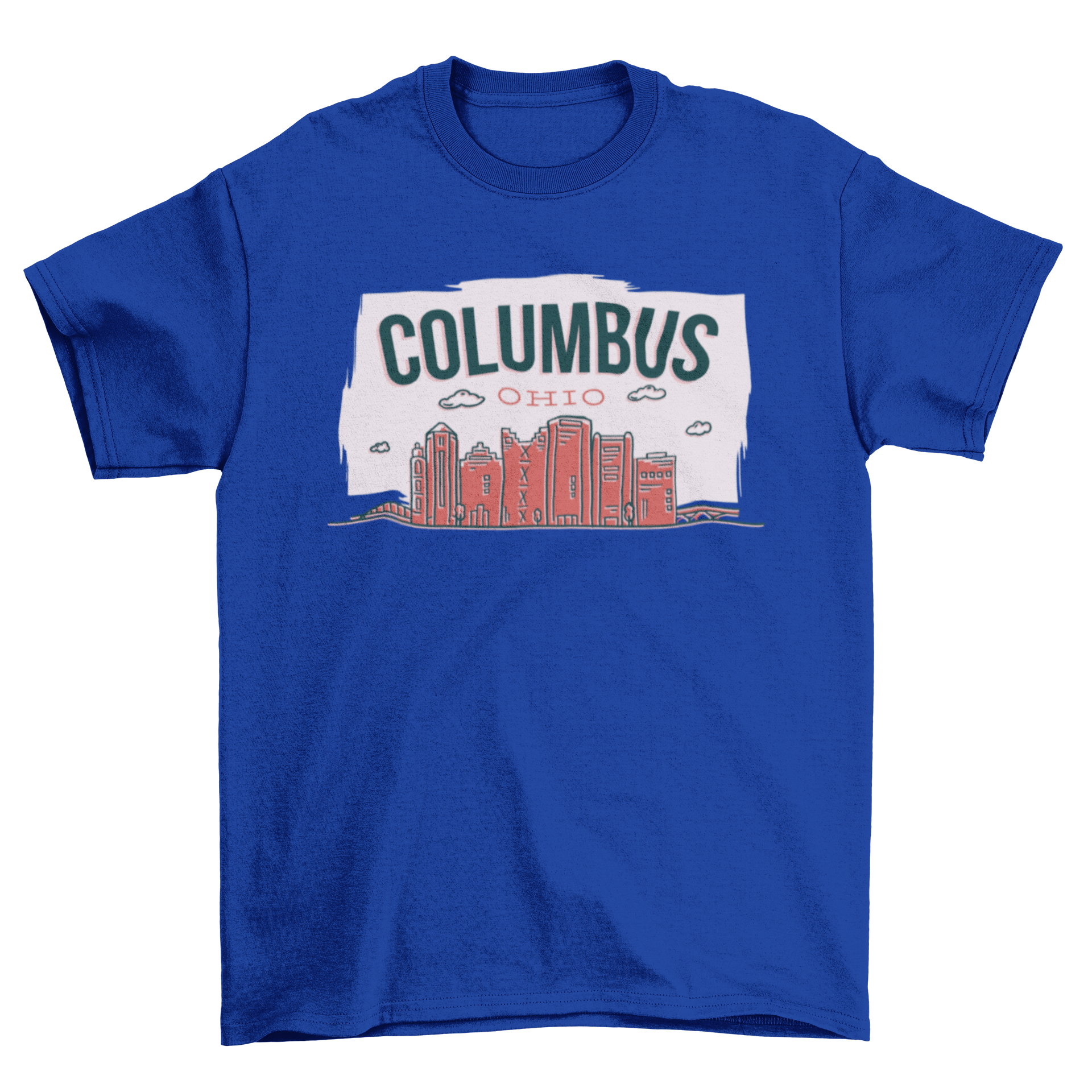A simplistic travel t-shirt featuring a line illustration of the Columbus, Ohio skyline with clouds and the caption above.