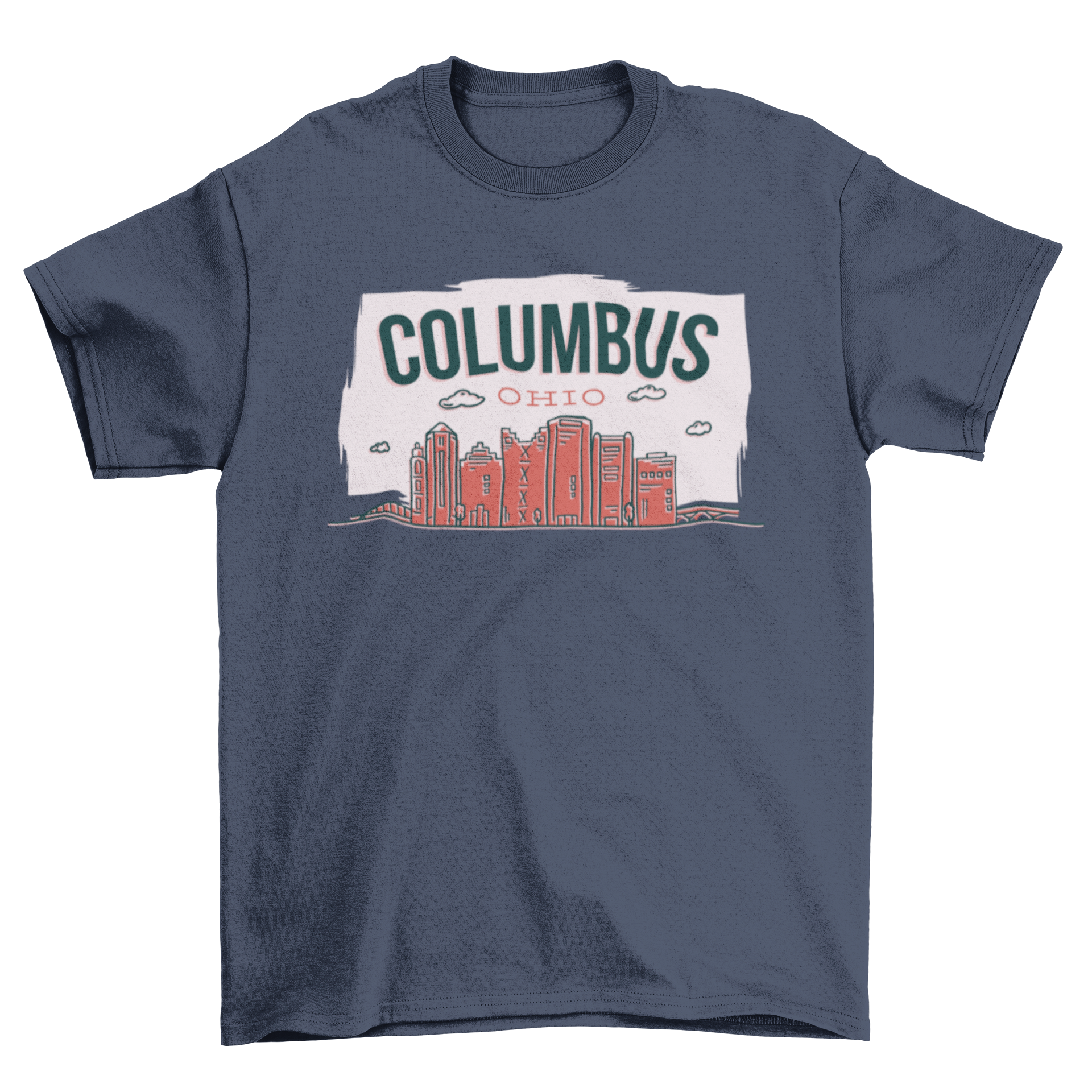 A simplistic travel t-shirt featuring a line illustration of the Columbus, Ohio skyline with clouds and the caption above.