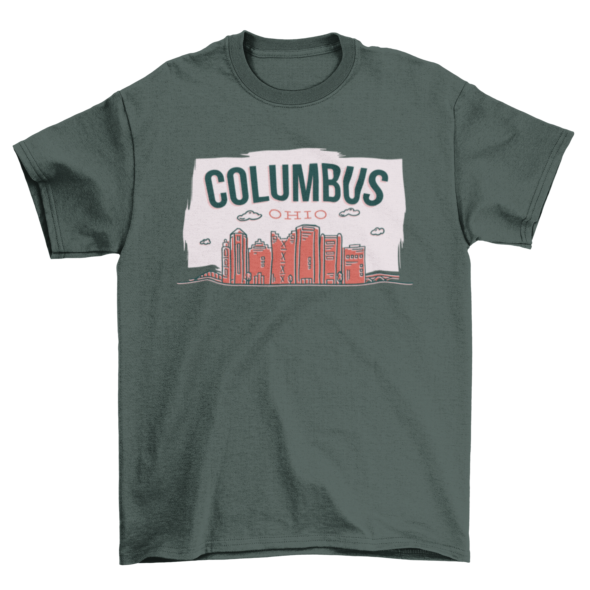 A simplistic travel t-shirt featuring a line illustration of the Columbus, Ohio skyline with clouds and the caption above.