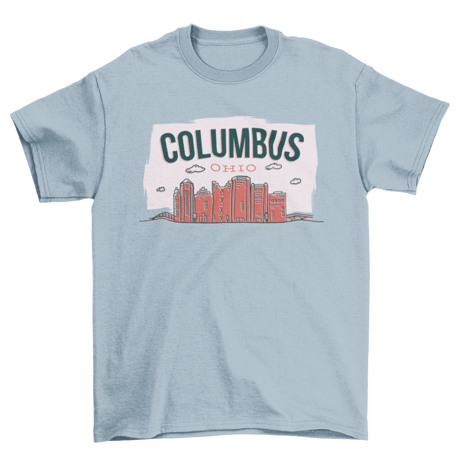 A simplistic travel t-shirt featuring a line illustration of the Columbus, Ohio skyline with clouds and the caption above.