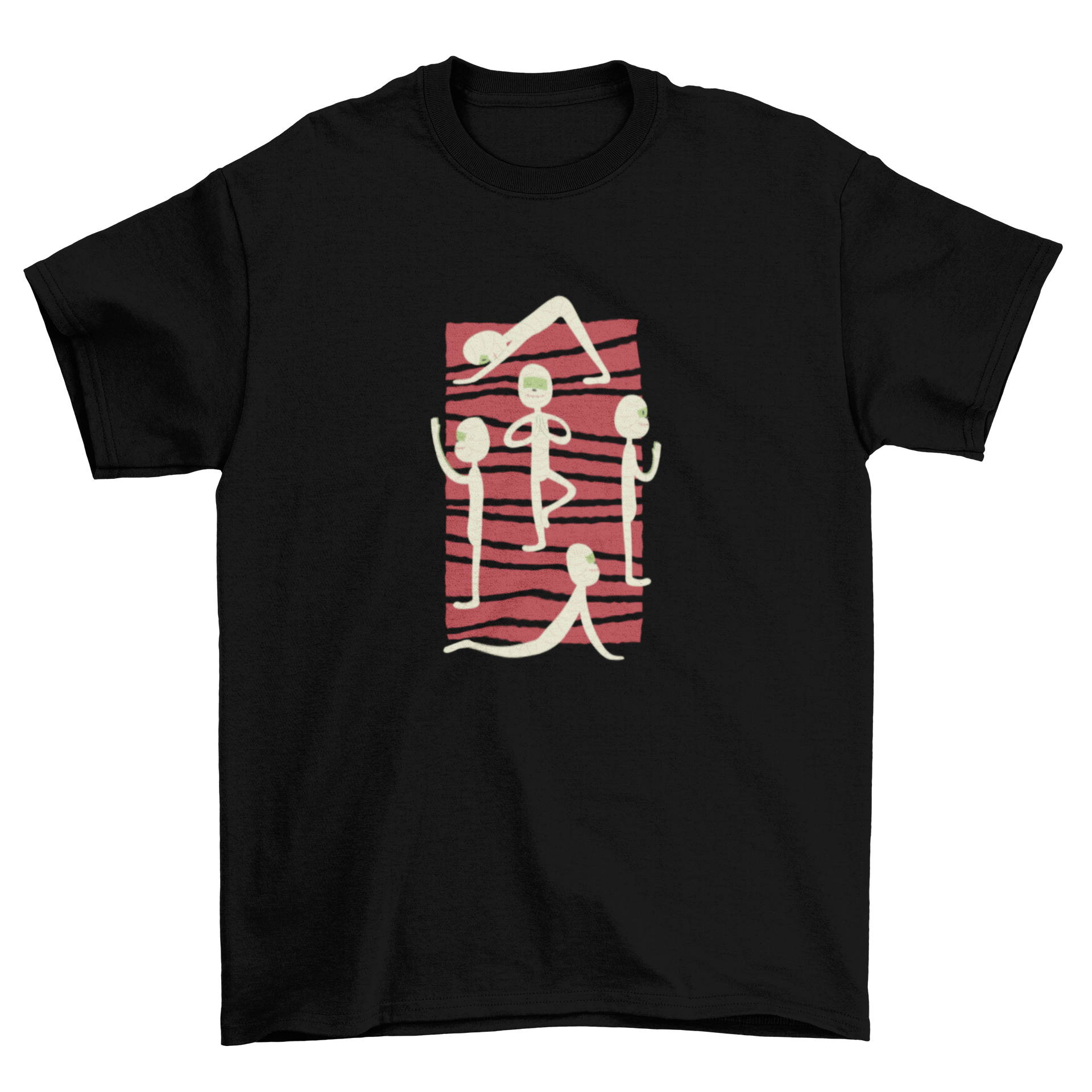 Simplistic t-shirt design featuring five mummies in yoga poses on a vibrant red rectangle backdrop with lines.