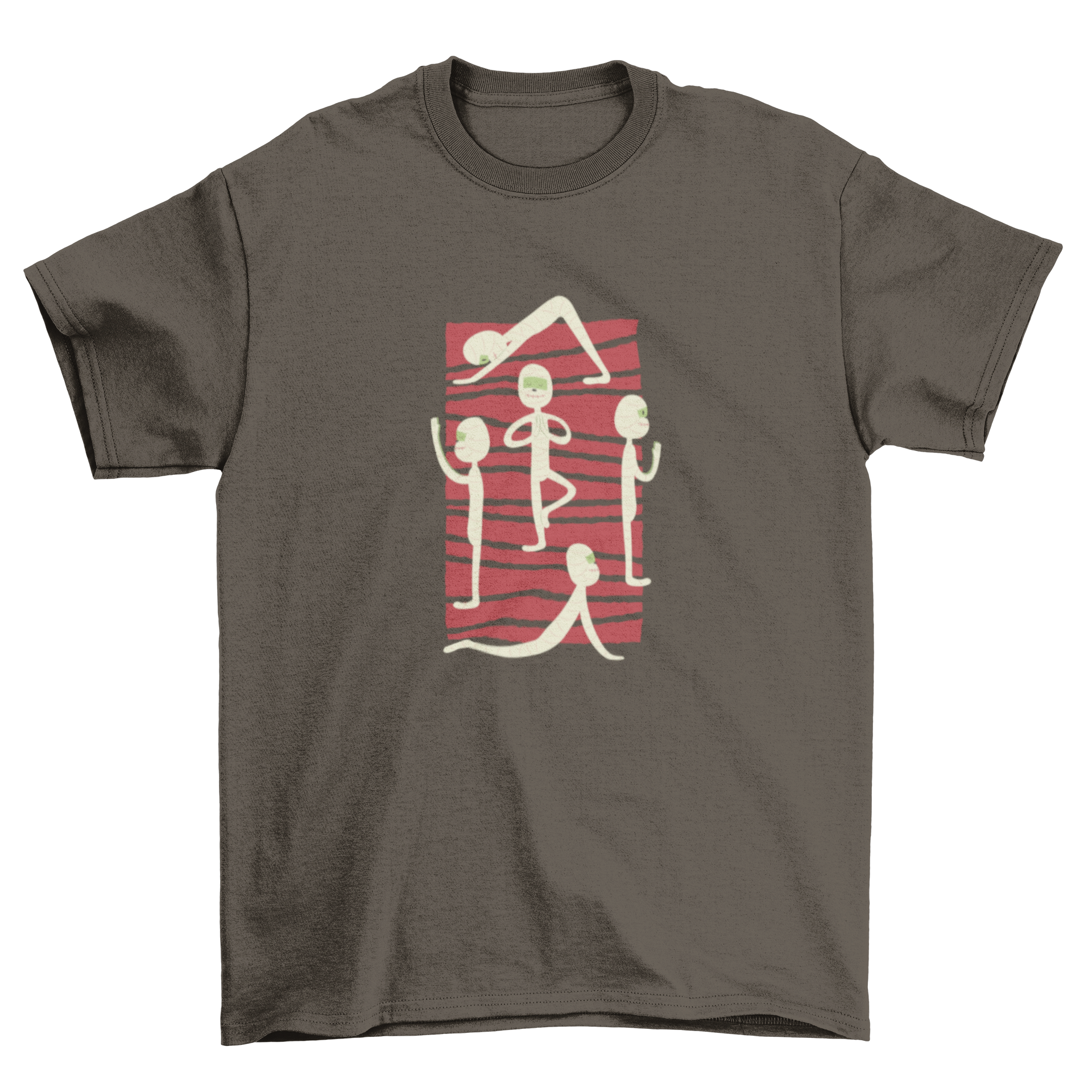 Simplistic t-shirt design featuring five mummies in yoga poses on a vibrant red rectangle backdrop with lines.
