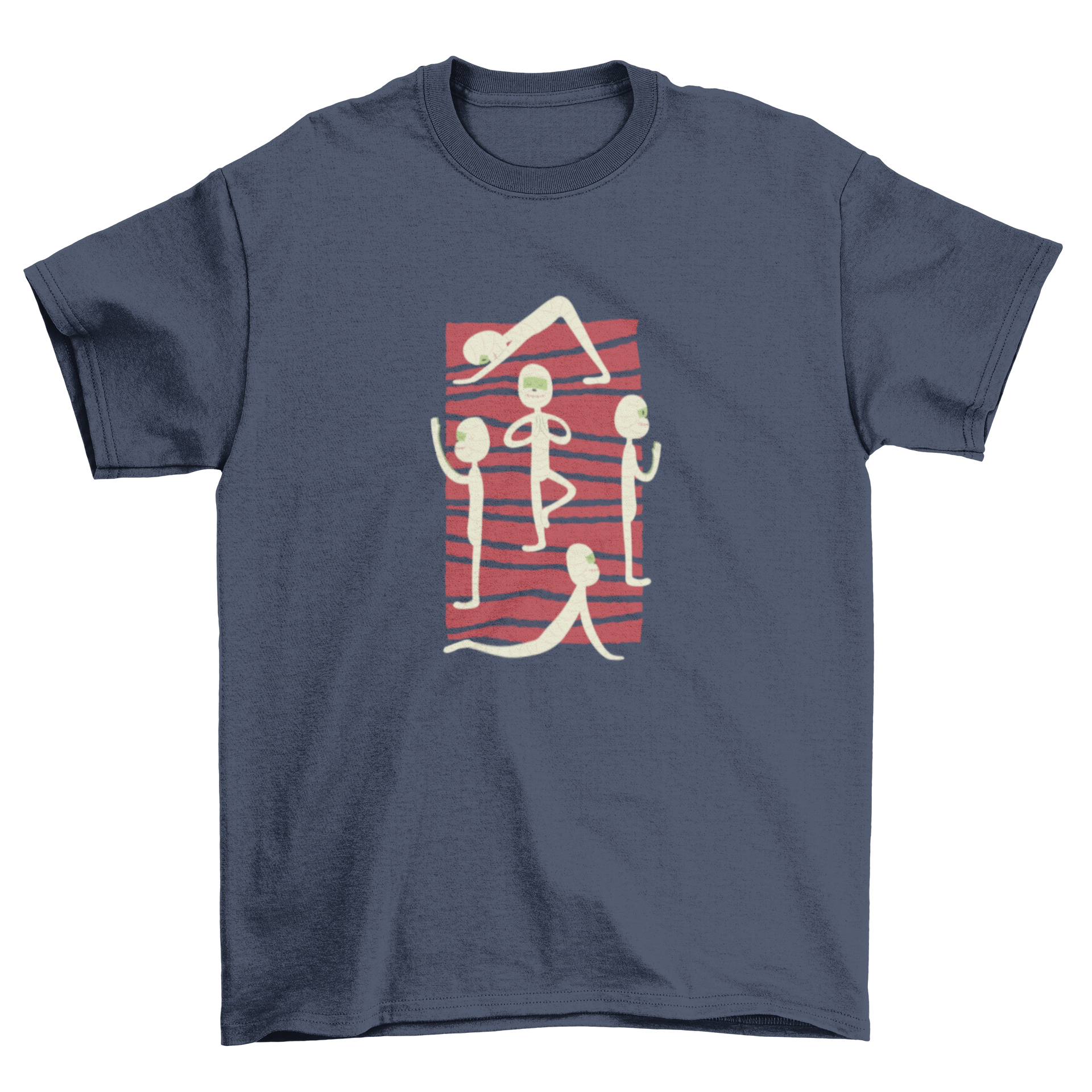 Simplistic t-shirt design featuring five mummies in yoga poses on a vibrant red rectangle backdrop with lines.