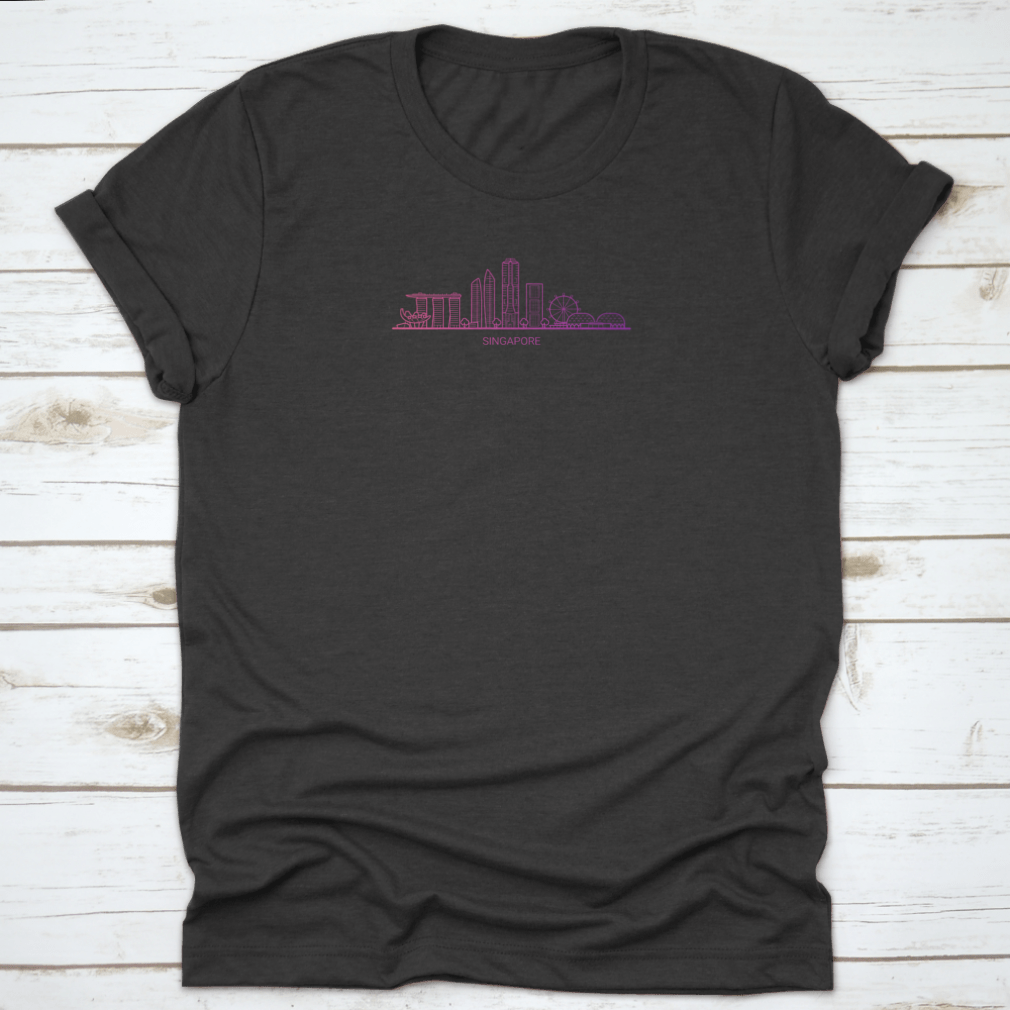 A colorful gradient line illustration of Singapore's skyline featuring iconic buildings, printed on a comfortable cotton fabric.