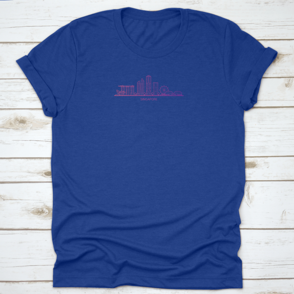 A colorful gradient line illustration of Singapore's skyline featuring iconic buildings, printed on a comfortable cotton fabric.