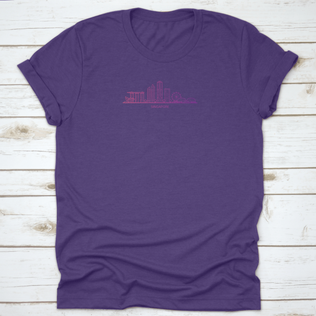 A colorful gradient line illustration of Singapore's skyline featuring iconic buildings, printed on a comfortable cotton fabric.
