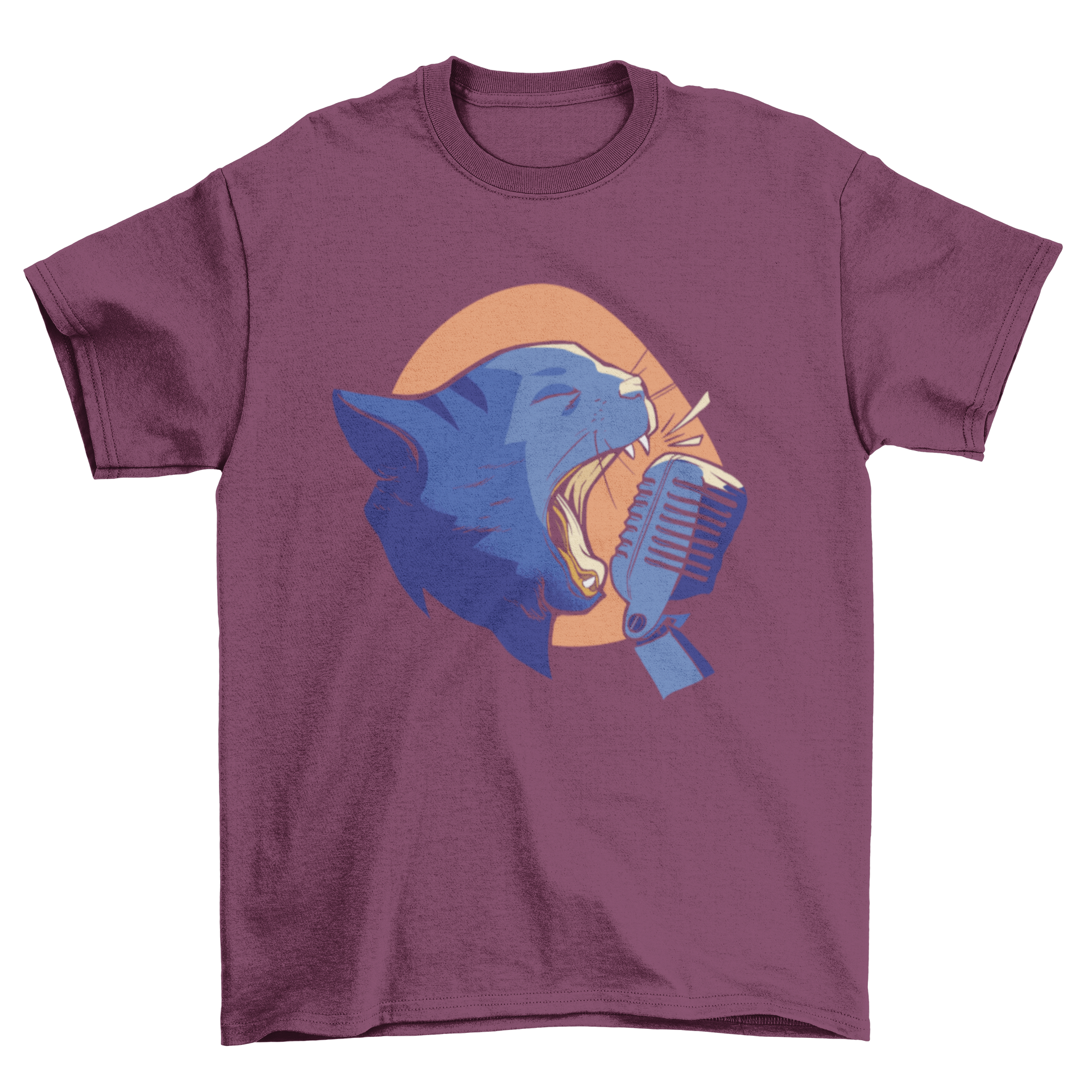A playful T-shirt design featuring a cartoon cat singing into a microphone, showcasing vibrant colors and a fun illustration.