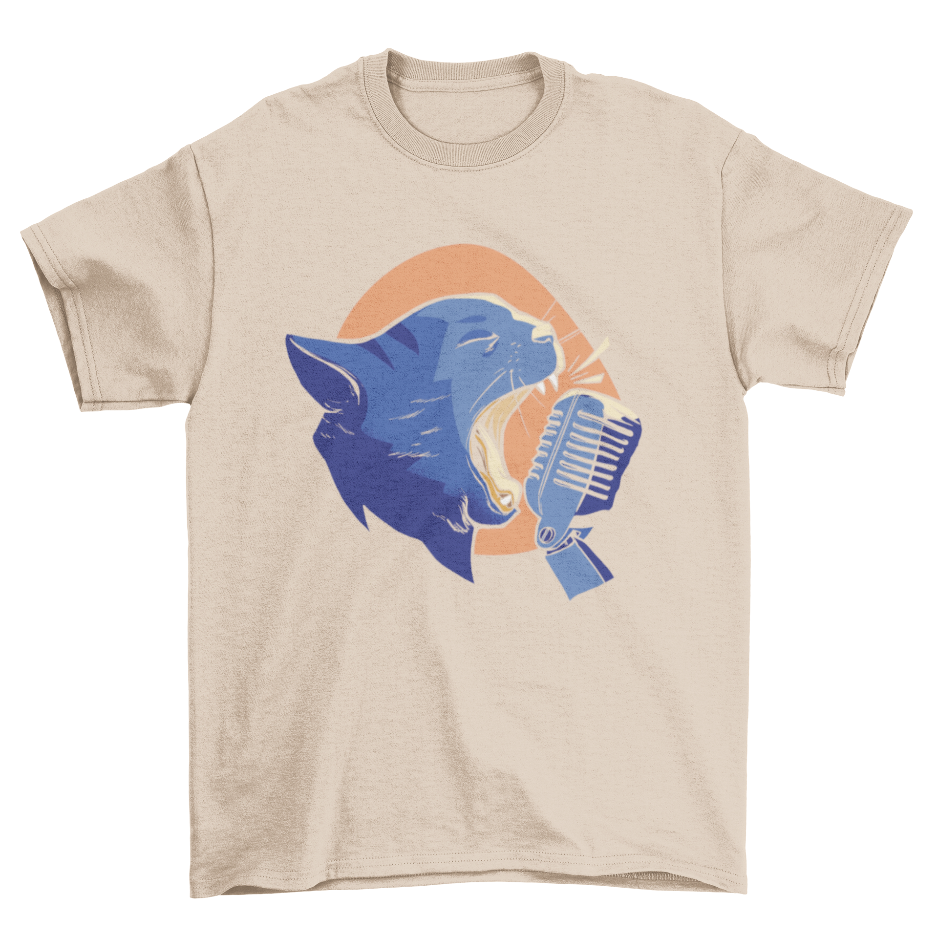 A playful T-shirt design featuring a cartoon cat singing into a microphone, showcasing vibrant colors and a fun illustration.