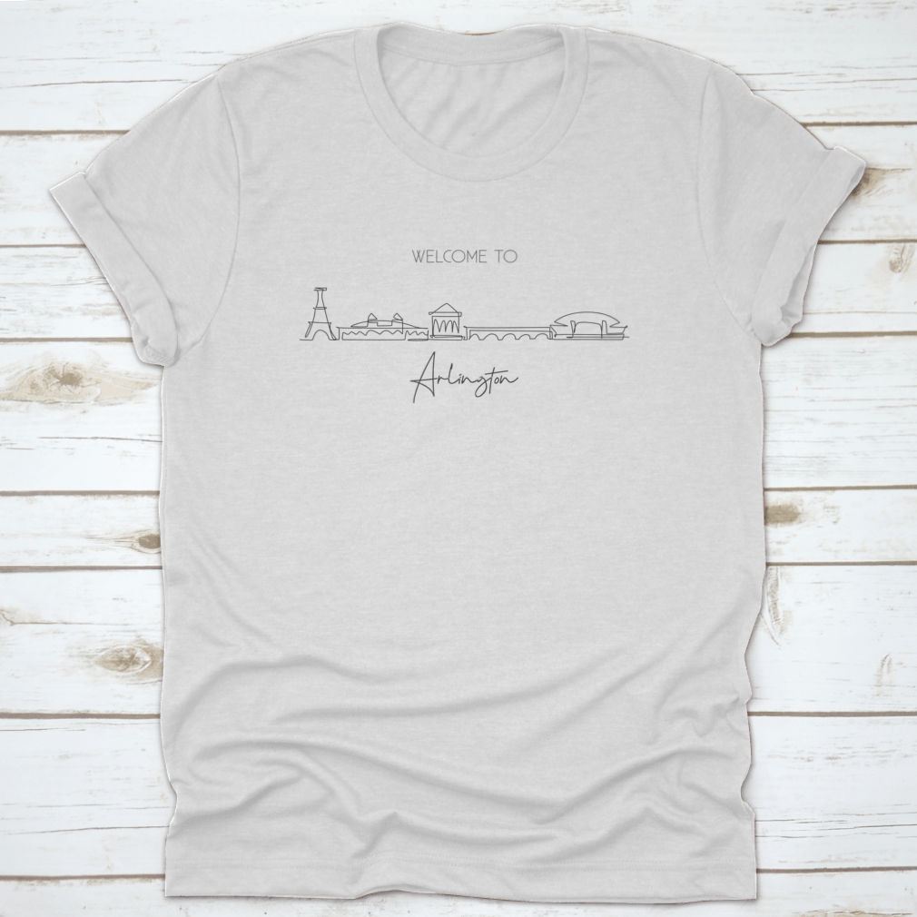 Single continuous line drawing of Arlington City skyline, showcasing iconic buildings in a minimalist style.