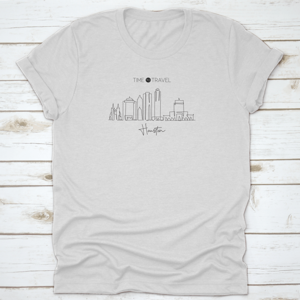 Single continuous line drawing of the Houston City Skyline, showcasing iconic buildings in a minimalist style.