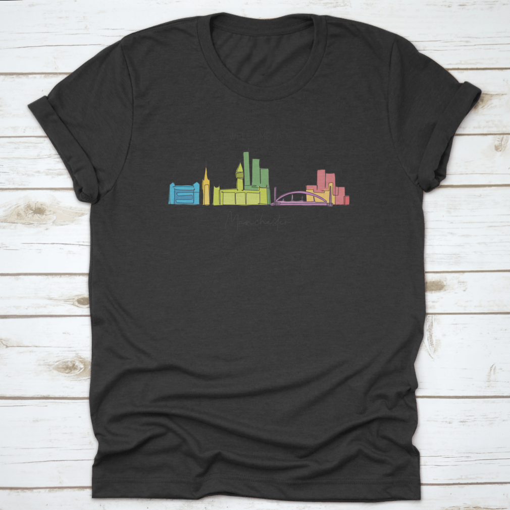 Single continuous line drawing of Manchester city skyline featuring iconic landmarks in a minimalist style.