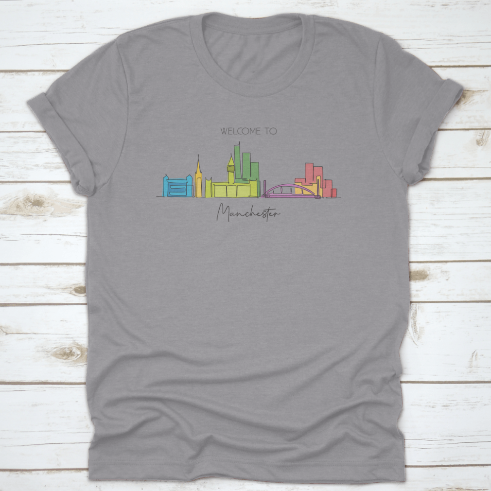 Single continuous line drawing of Manchester city skyline featuring iconic landmarks in a minimalist style.