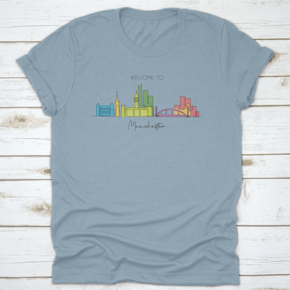 Single continuous line drawing of Manchester city skyline featuring iconic landmarks in a minimalist style.